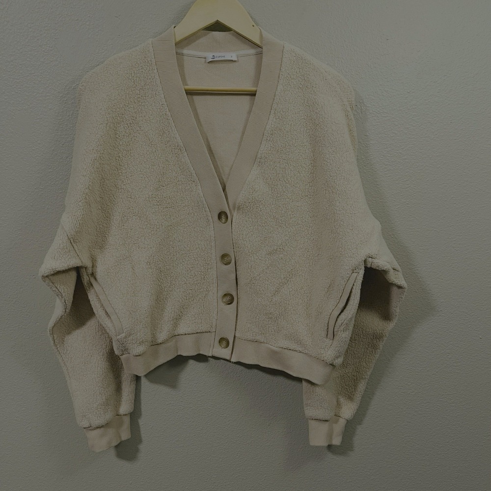 Cupshe Oversized Cropped Teddy Cardigan 100% Cotton Beige‎ V Neck Beach Size M